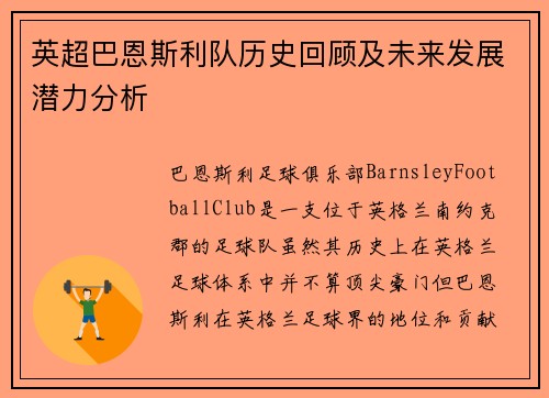 英超巴恩斯利队历史回顾及未来发展潜力分析